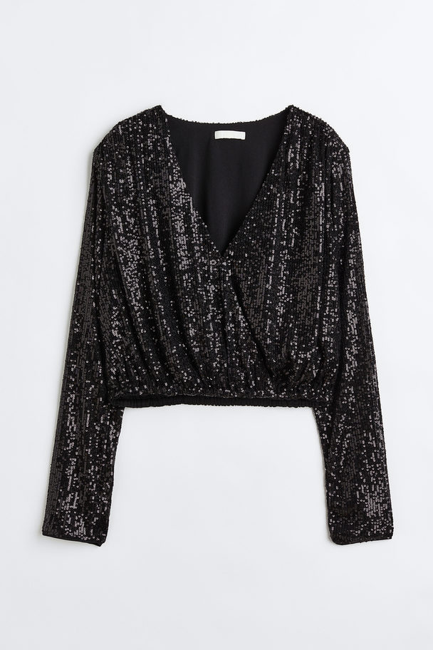 H&M Sequined Wrapover Blouse Black/sequins