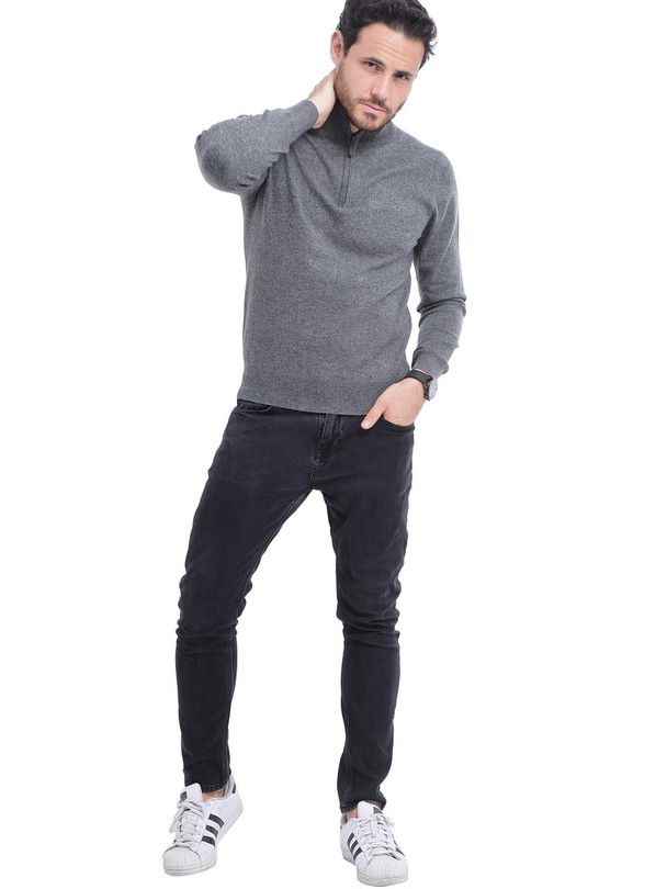 C&Jo Long Sleeve Half-zipped High Neck Leather Sweater