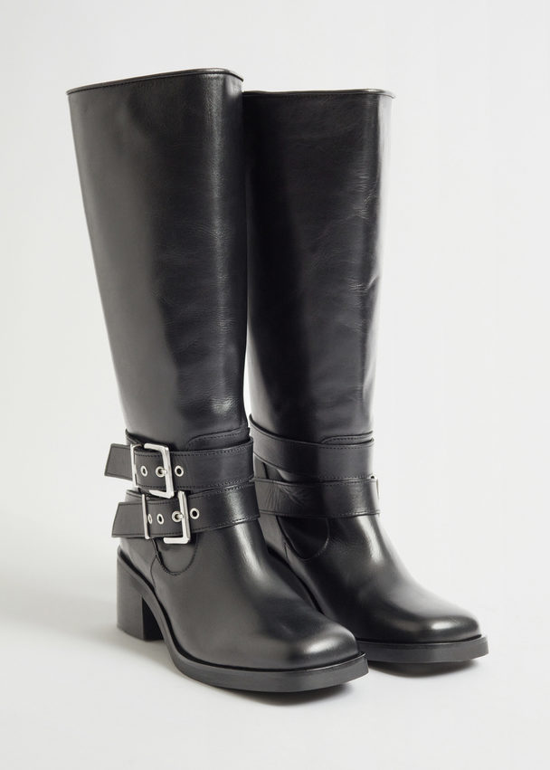 & Other Stories Biker Mid Calf Leather Boots Black