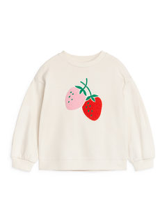 Sweatshirt Met Borduursel Gebroken Wit/aardbeienprint