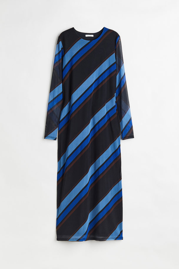 H&M Long-sleeved Mesh Dress Blue/patterned