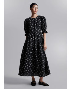 Puff-sleeve Midi Dress Black Print