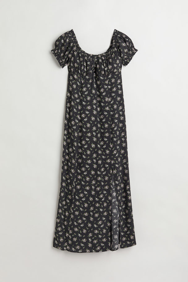 H&M Floral Puff-sleeved Dress Dark Grey/floral