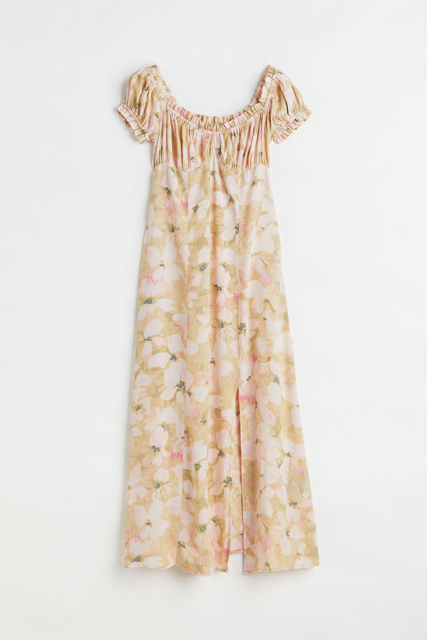 H&M Floral Puff-sleeved Dress Light Beige/floral