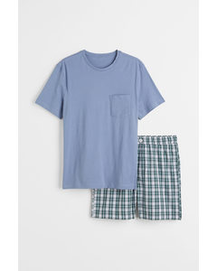 Pyjama T-shirt And Shorts Light Blue/dark Green