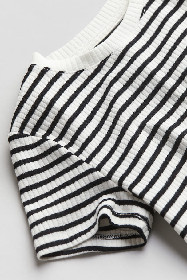H&M Ribbed Cotton Jersey Top White/black Striped