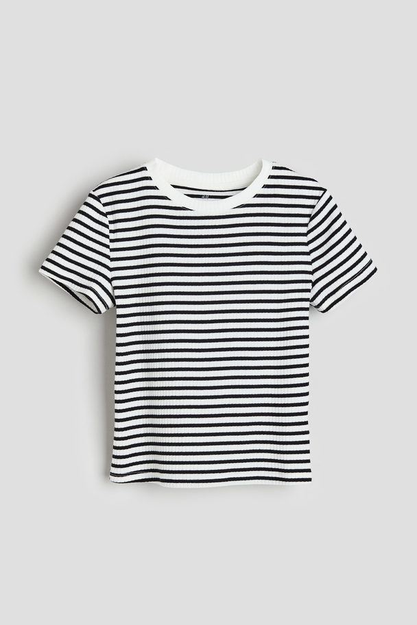 H&M Ribbed Cotton Jersey Top White/black Striped