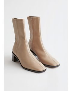 Squared Toe Leather Sock Boots Beige