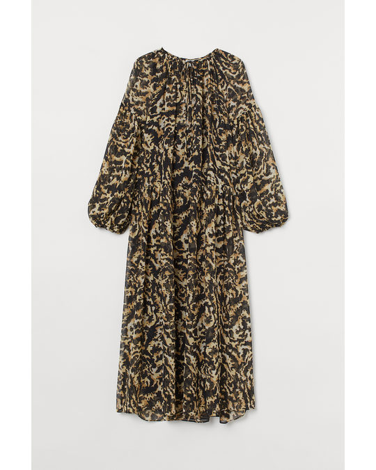 H&M Long Chiffon Dress Light Beige/black Patterned