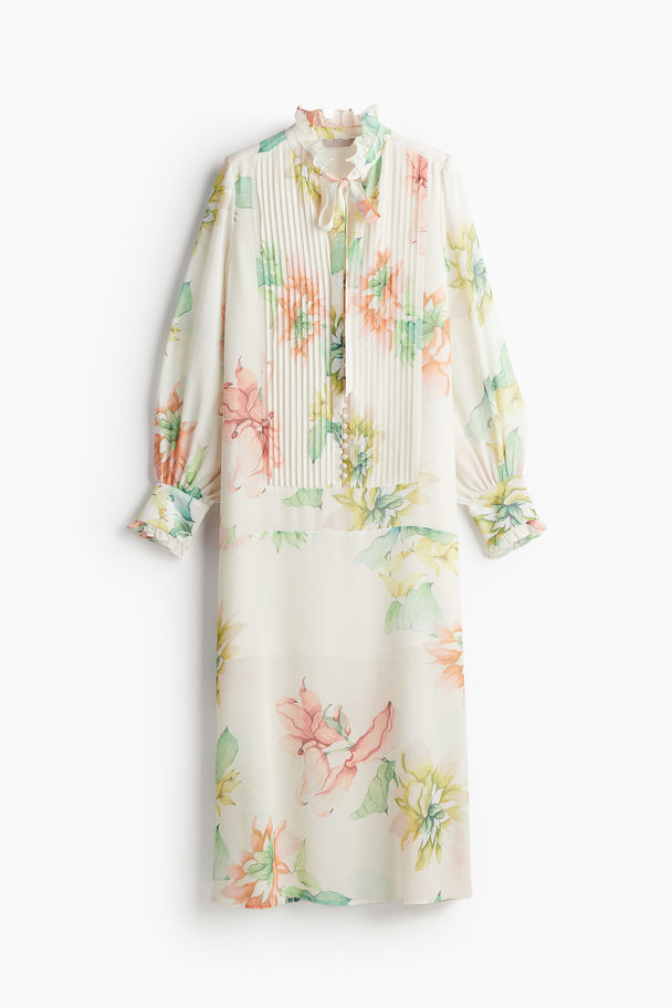 H&M Chiffon Jurk Met Platte Plooitjes Wit/bloemen