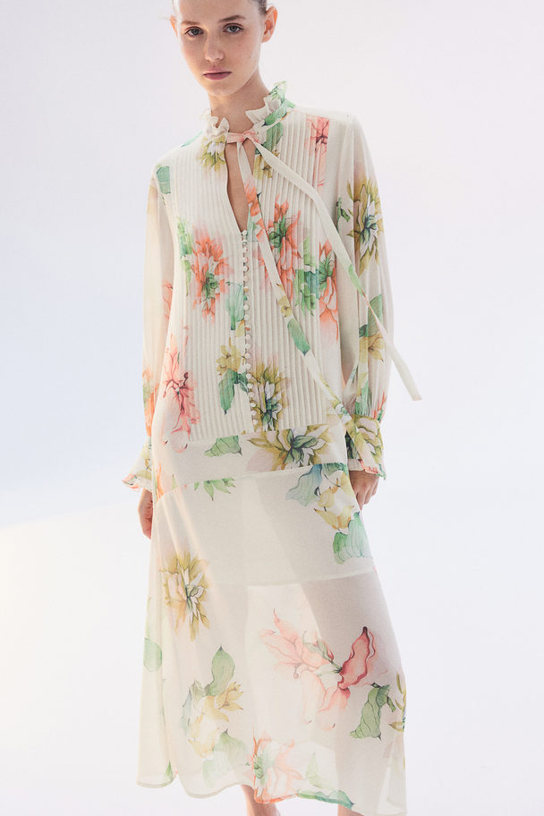 H&M Chiffon Jurk Met Platte Plooitjes Wit/bloemen