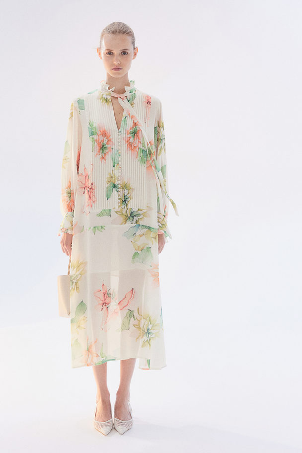 H&M Chiffon Jurk Met Platte Plooitjes Wit/bloemen