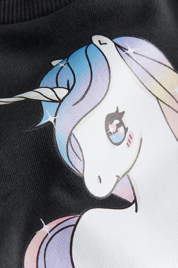 H&M Printed Sweatshirt Dark Grey/unicorn