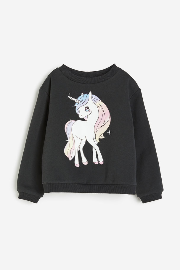 H&M Printed Sweatshirt Dark Grey/unicorn