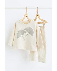 2-teiliges Jerseyset mit Print Naturweiß/Regenschirme
