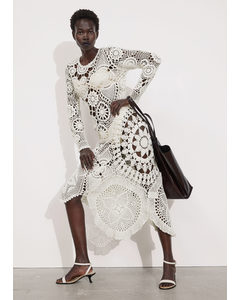 Crocheted Asymmetric Midi Dress White