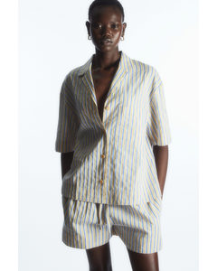 Striped Linen-blend Camp-collar Shirt Beige / Blue / Striped