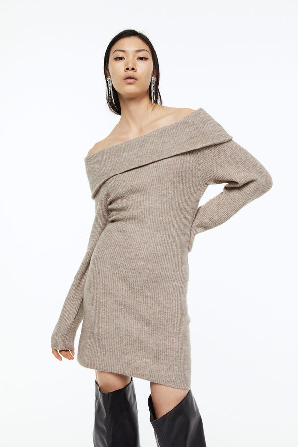 H&M Off-the-shoulder Bodycon Dress Light Beige Marl