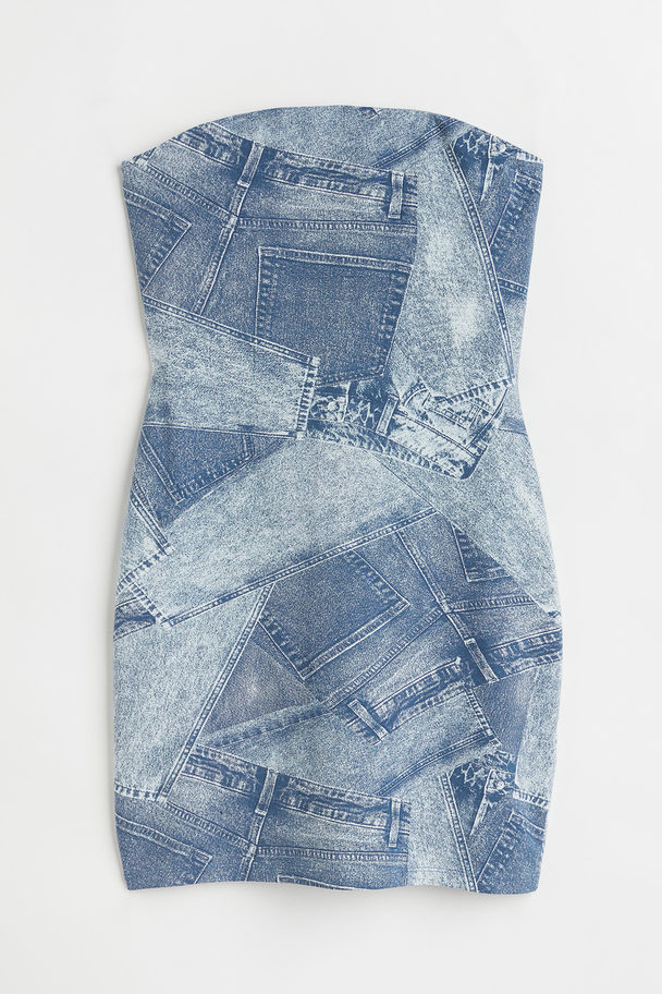 H&M Bandeau-kjole Blå/mønstret