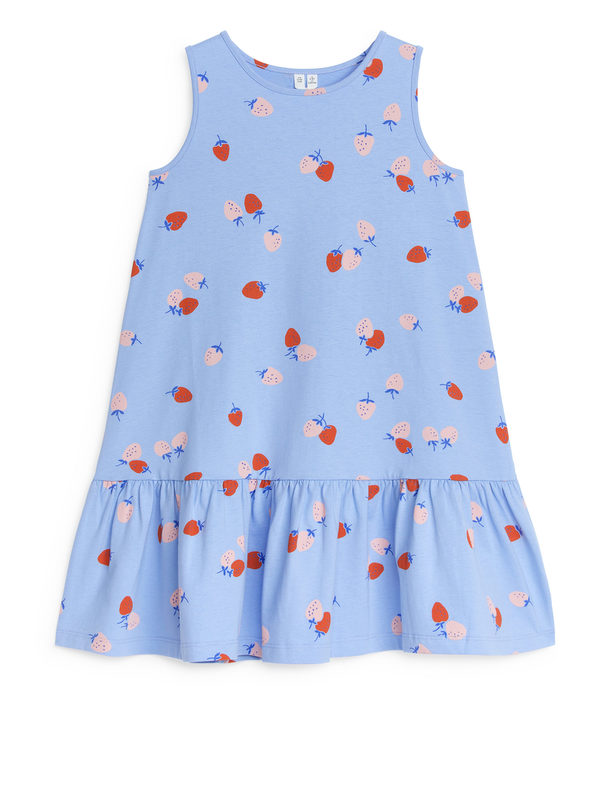ARKET Trikåklänning Med Volang Ljusblå/jordgubbar