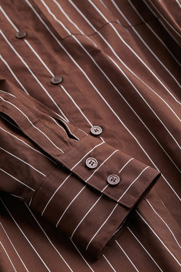 H&M Oversized Poplin Shirt Dark Brown/pinstriped