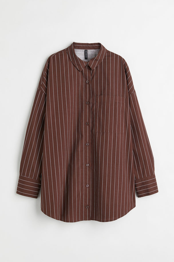 H&M Oversized Poplin Shirt Dark Brown/pinstriped