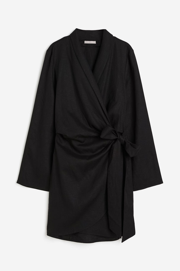 H&M Linen-blend Wrap Dress Black