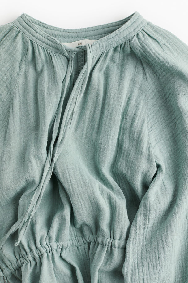 H&M Tie-detail Double-weave Cotton Dress Dusty Green