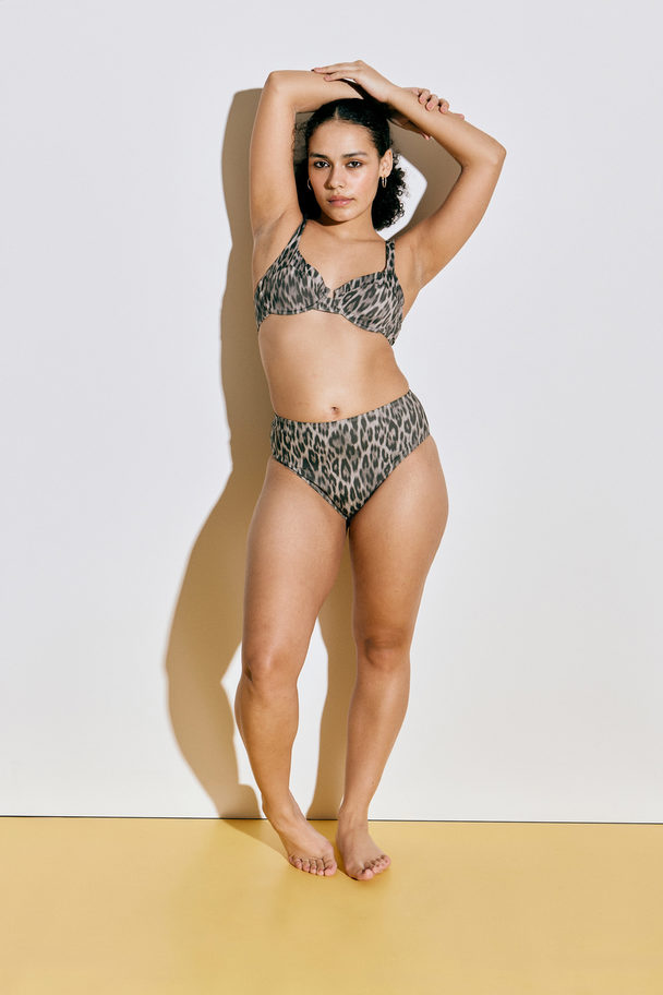 Monki Grijs Bikinibroekje Met Hoge Taille Grijze Luipaardprint