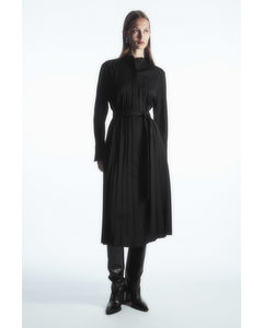 Pleated Wool-blend Shirt Dress Black
