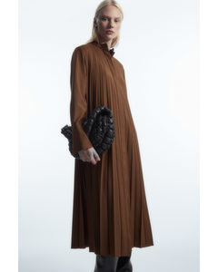 Pleated Wool-blend Shirt Dress Brown