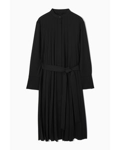 Pleated Wool-blend Shirt Dress Black