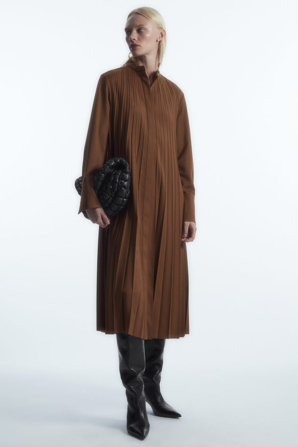 COS Pleated Wool-blend Shirt Dress Brown