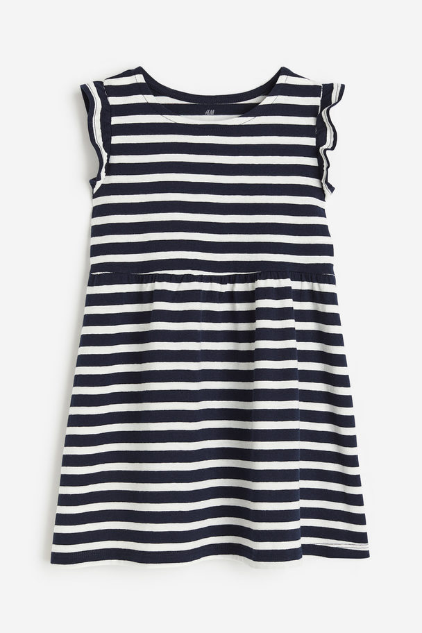 H&M Cotton Jersey Dress Navy Blue/striped