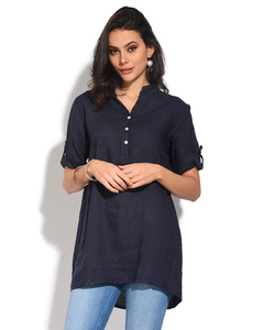 Buttoned Tunisian Collar Blouse With Long Attachable Sleeves