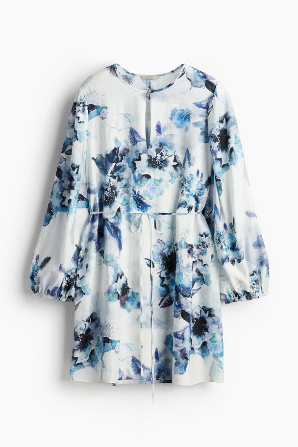 H&M Kleid mit Bindegürtel Weiß/Blau geblümt