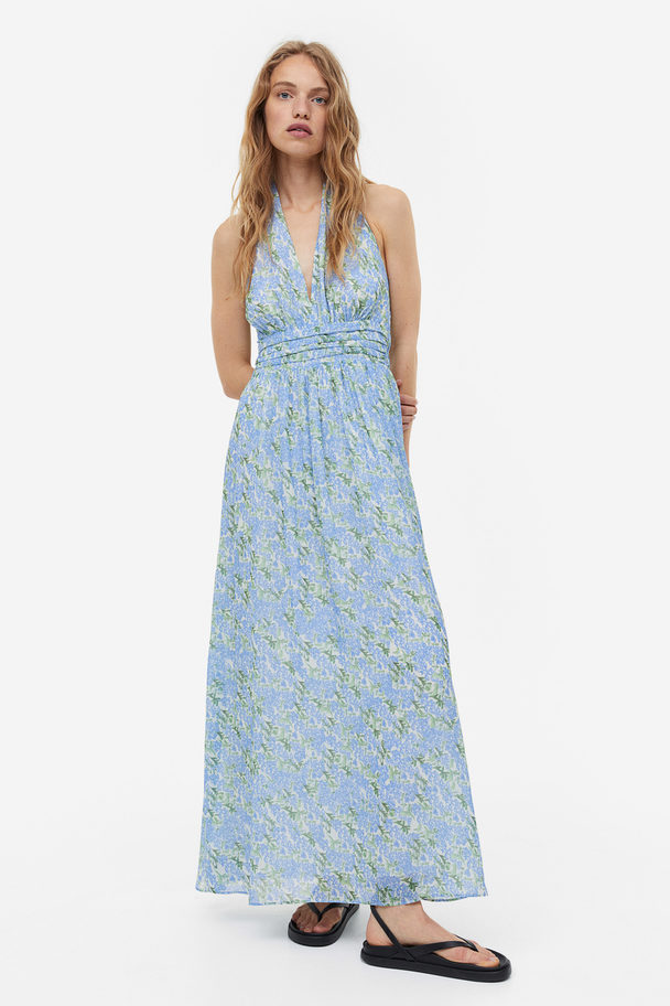 H&M Lang Halterneck-kjole Hvit/blå Blomstret