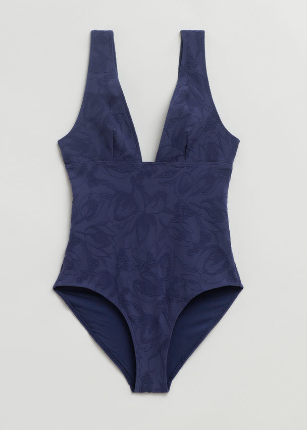 & Other Stories Tulip Textured V-cut Swimsuit Midnight Blue