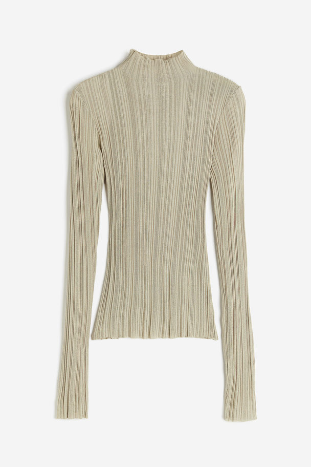 H&M Sheer Rib-knit Turtleneck Top Beige