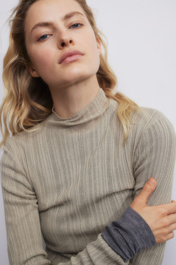 H&M Sheer Rib-knit Turtleneck Top Beige