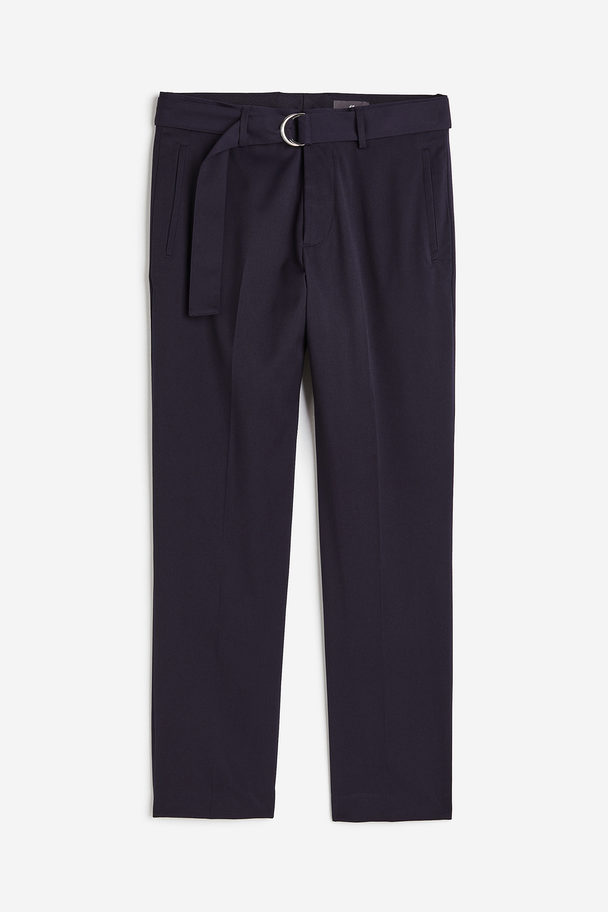 H&M Regular Fit Belted Trousers Navy Blue