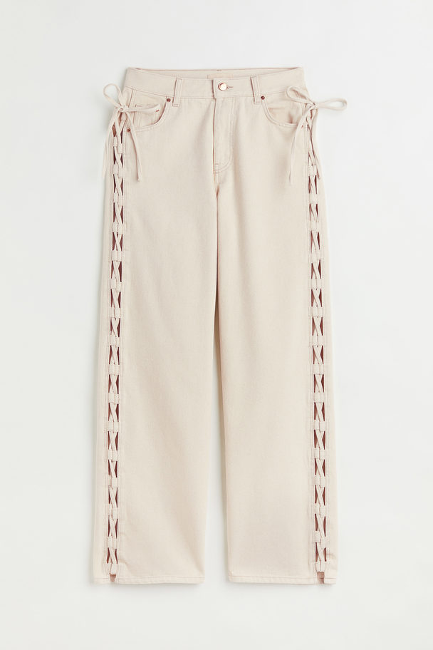 H&M Lacing-detail Straight High Jeans Cream