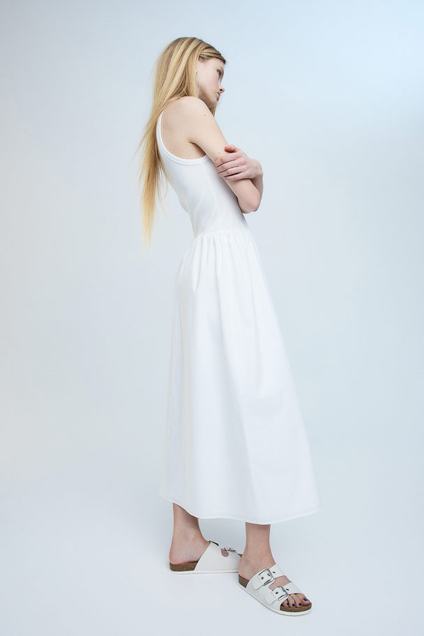 H&M Poplin-skirt Ribbed Jersey Dress Cream