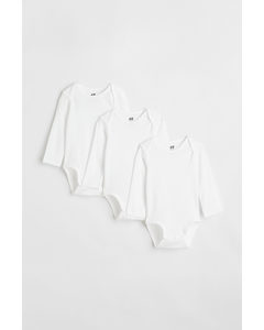 3-pack Long-sleeved Cotton Bodysuits White