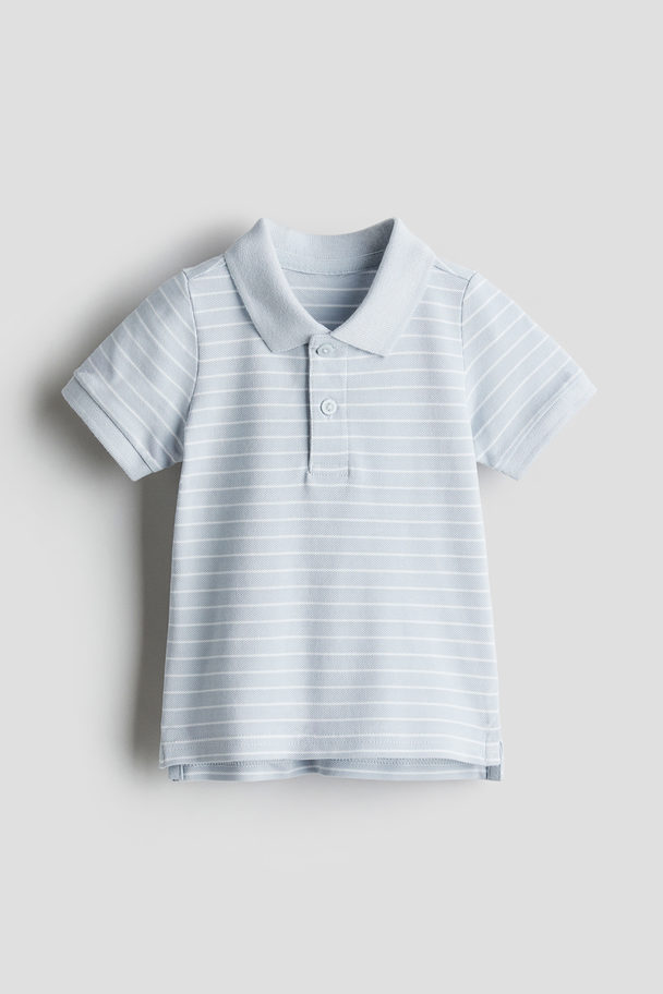 H&M Cotton Piqué Polo Shirt Dusty Blue/white Striped