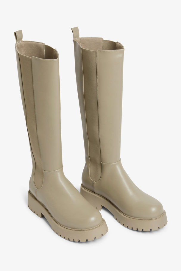 Monki Kniehohe, klobige Chelsea-Boots in Taupe Mittleres Maulwurfsgrau