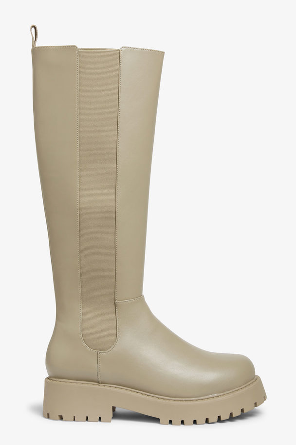 Monki Kniehohe, klobige Chelsea-Boots in Taupe Mittleres Maulwurfsgrau