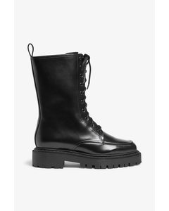 Faux Leather Lace-up Boots Black