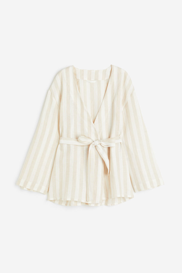 H&M Linen Loungewear Robe Light Beige/striped