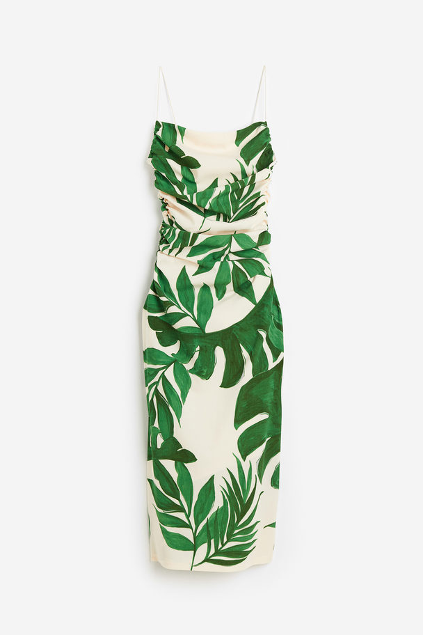 H&M Draped Bodycon Dress Light Beige/green Leaves